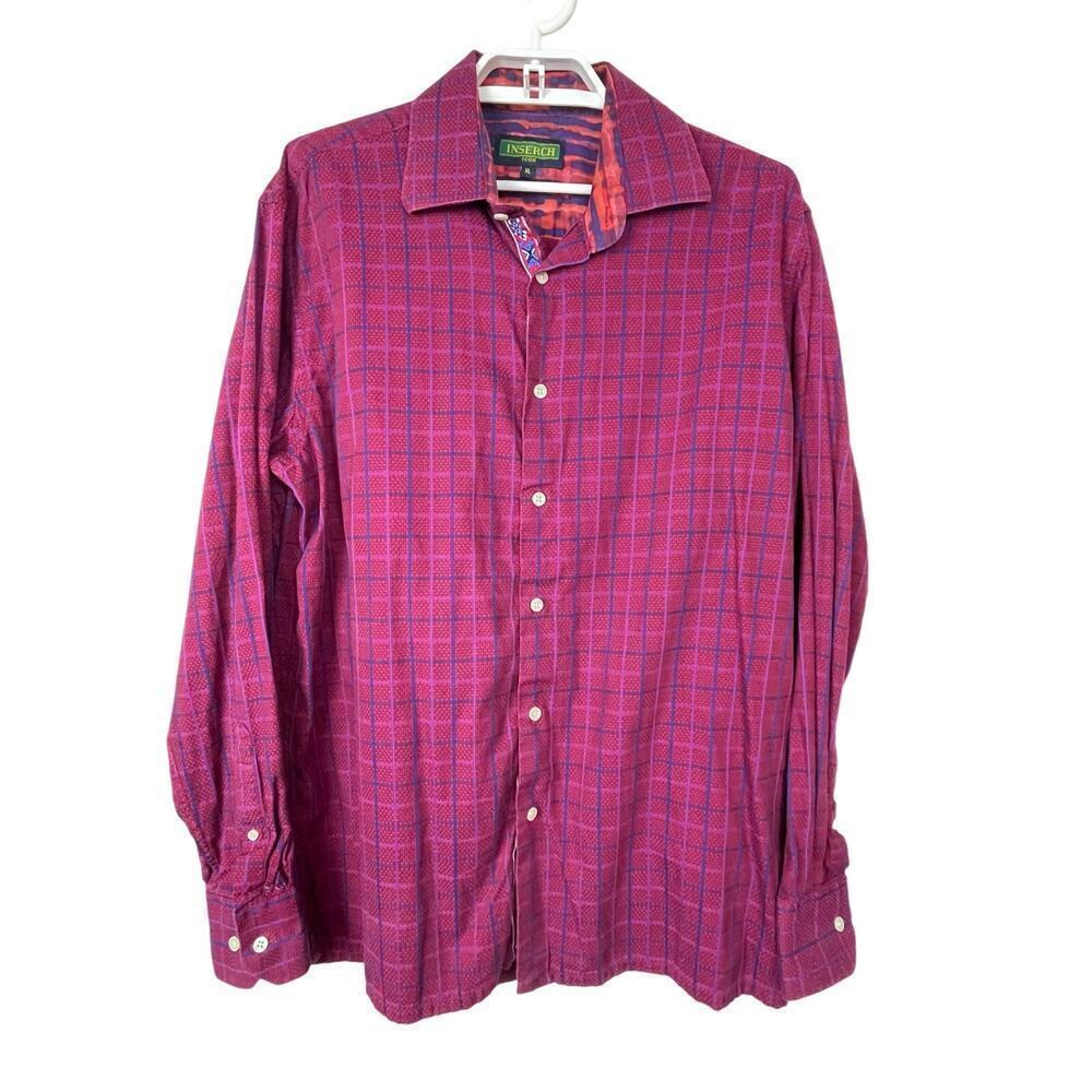 INSERCH Men's Long Sleeve Red‎ Blue Plaid Shirt 100% Cotton Size XL Button Up